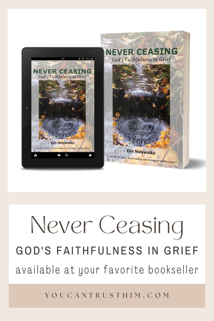 Preview or purchase 'Never Ceasing: God's Faithfulness in Grief' by Kim Nolywaika https://youcantrusthim.com/my-book/